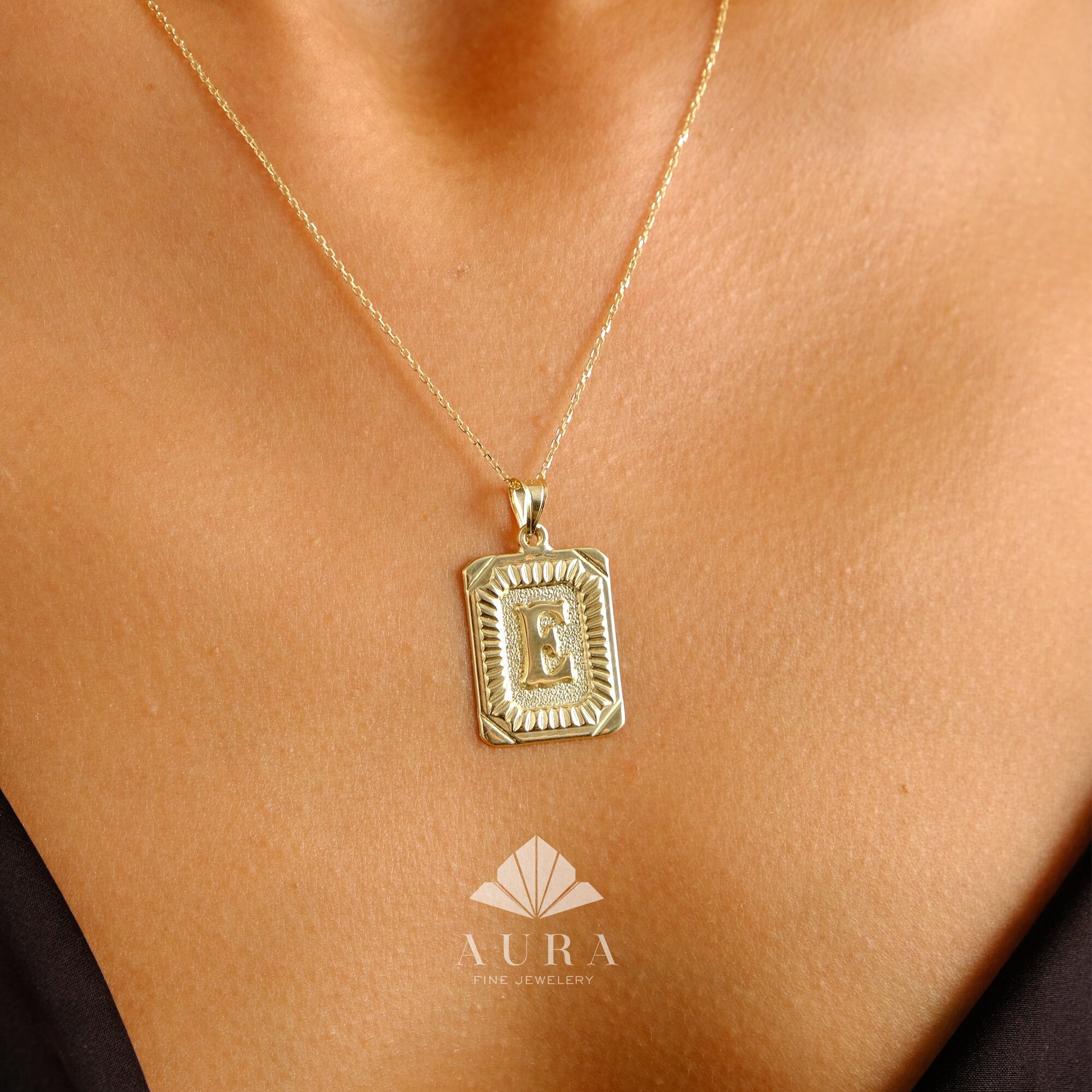 14K Gold Initial Necklace, Rectangle Letter Pendants, Retro Initial Necklace, Personalized Letter, Custom Gift for Her
