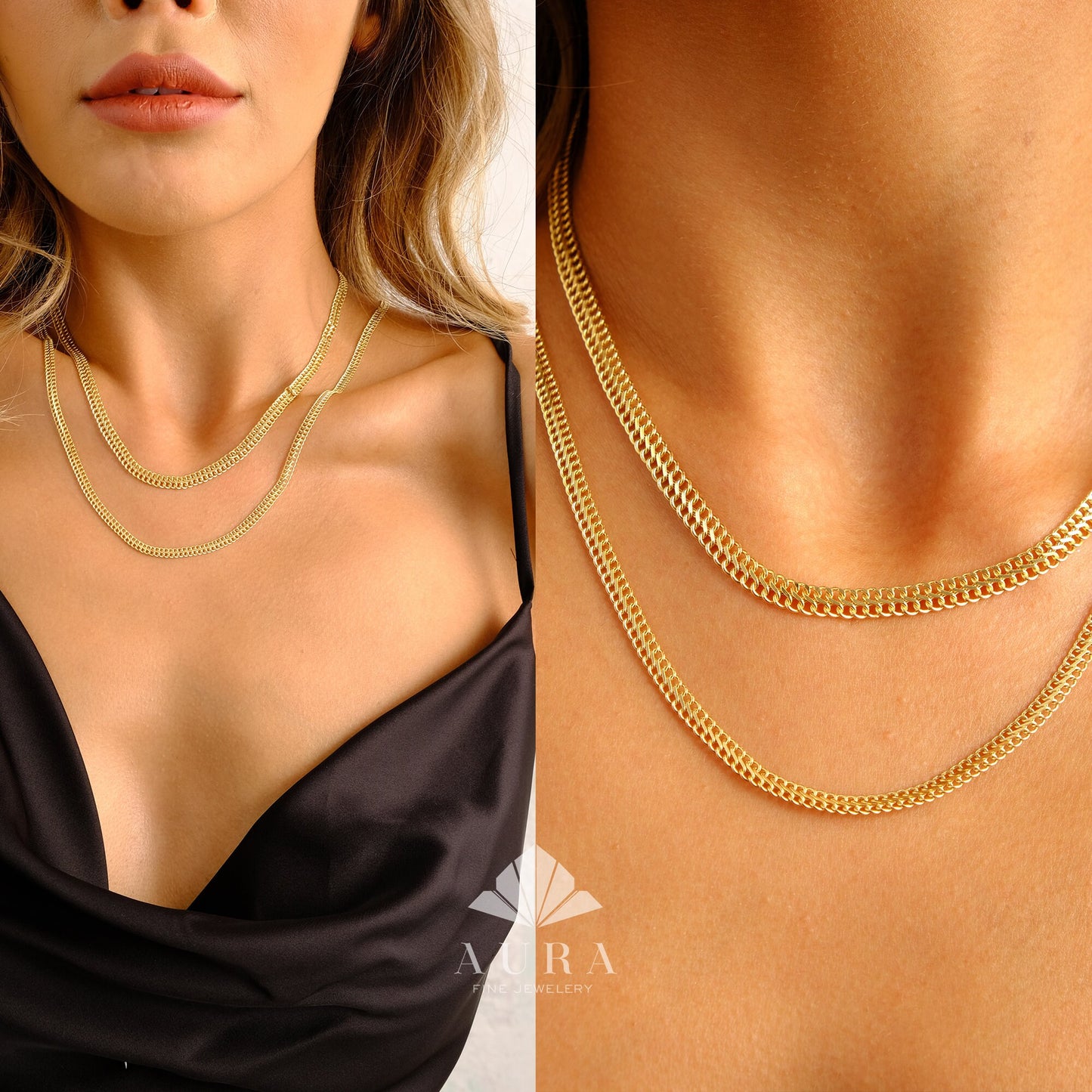 14K Gold Vienna Necklace, 4.8mm 3.7 mm Double Curb Chain Necklace, Armoured Chain Choker, Handmade Jewelry, Layering Gold Necklace