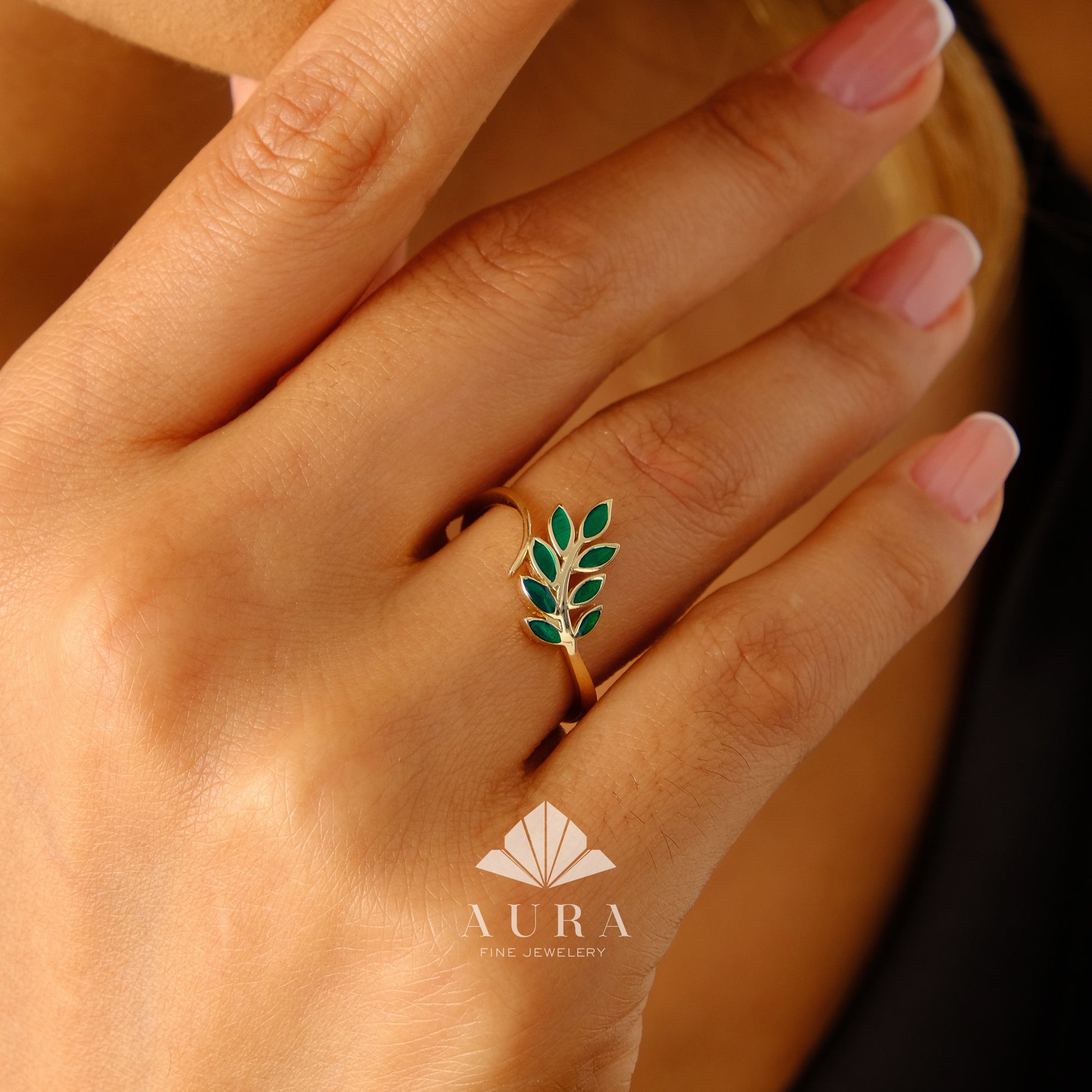 14K Gold Leaf Ring, Olive Leaf Ring, Marquise Green Vine Ring, Botanical Ring, Eternity Wedding Band, Unique Floral Engagement Curve Ring