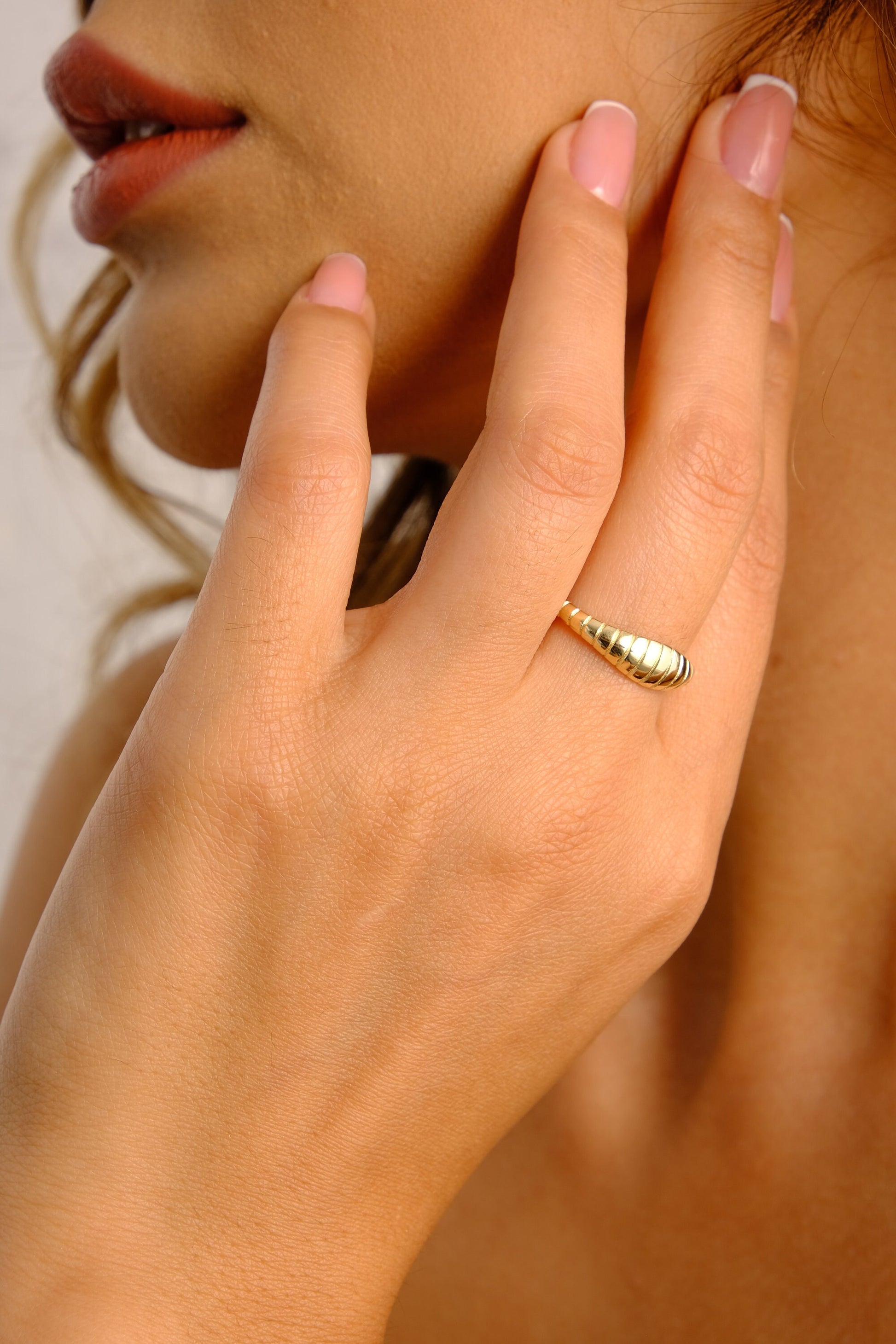 14K Gold Tiny Croissant Ring, Twisted Dome Ring Women, Croissant Ring, Thin Croissant Gold Dome Ring, Statement Ring, Pinky Ring