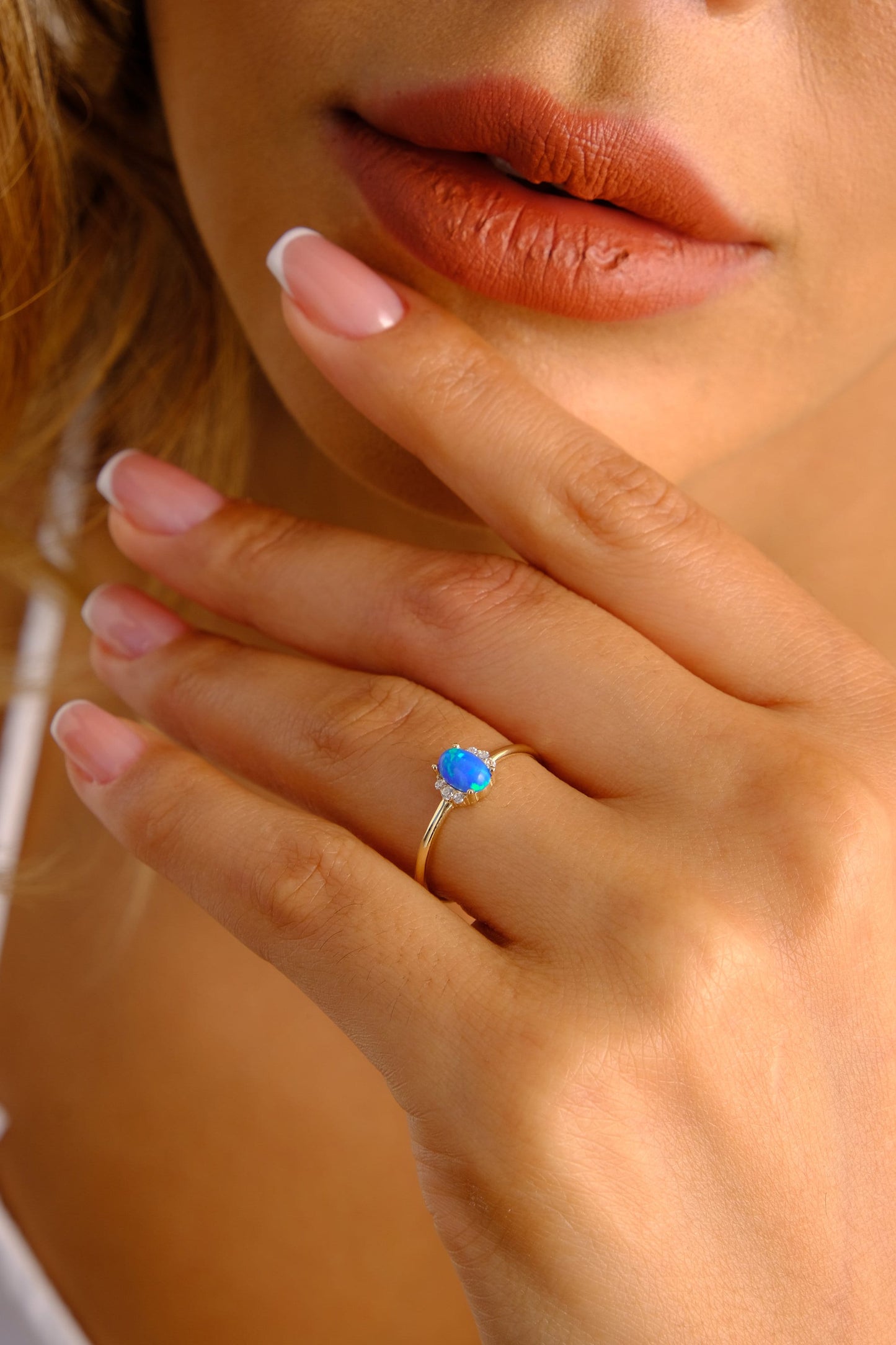 14K Gold Opal Ring, Blue Opal Ring, CZ Diamond Stacking Opal Ring, Dainty Gold Ring, Opal Jewelry, Wedding Engagement Gift
