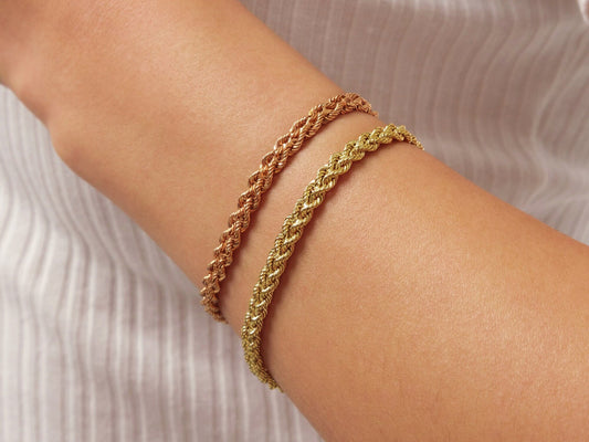 14K Gold Rope Chain Bracelet, Twisted Chain Bracelet, 4.5 mm Chain Bracelet, Sailor Clasp Rope Chain, Unisex Braided Stacking Delicate Chain