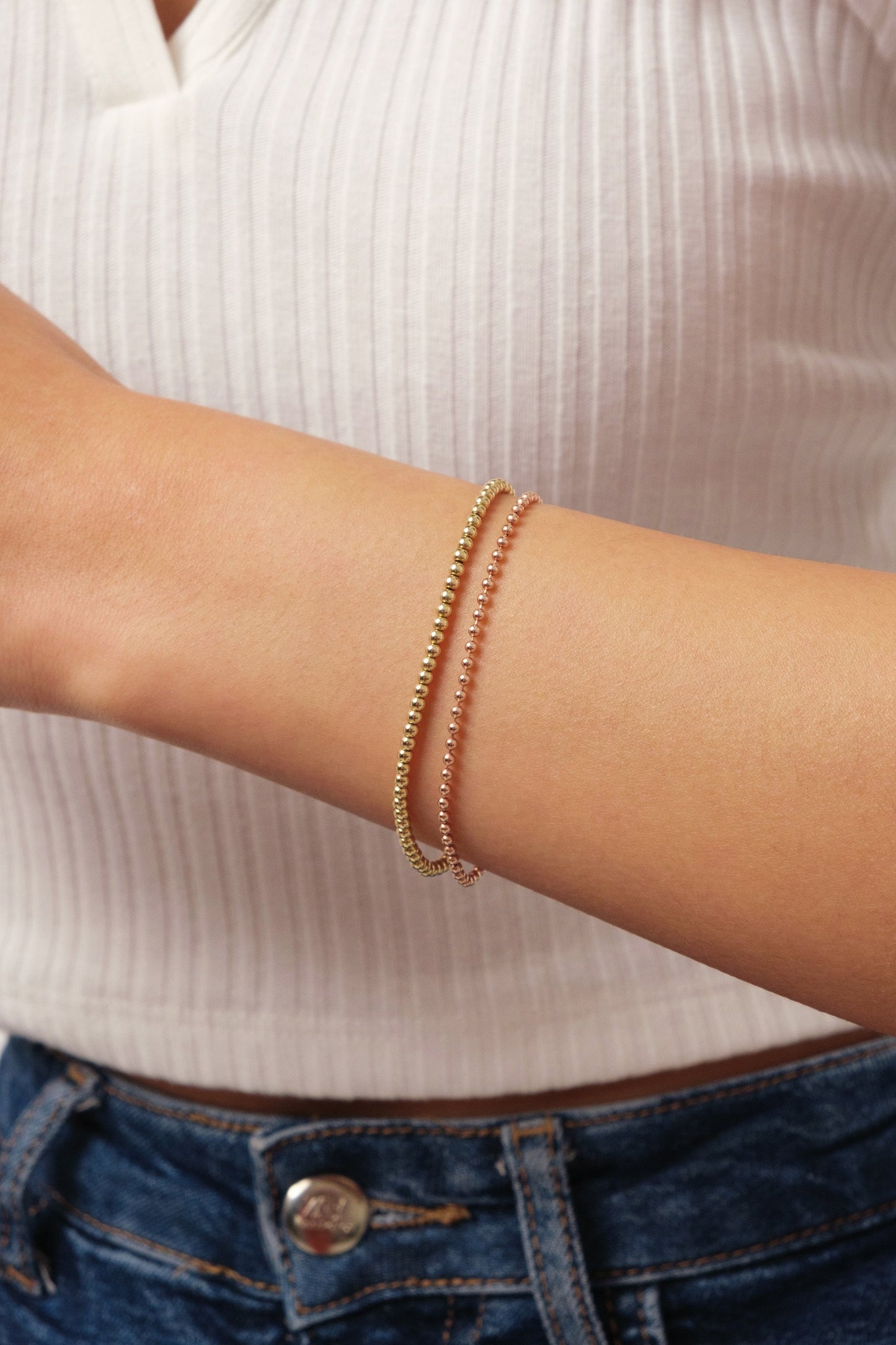 14K Gold Bead Ball Chain Bracelet, 1.5mm 2mm Italian Gold Beaded Bracelet, Stacking Dainty Bracelet, Round All Shiny Plain Ball Bracelet
