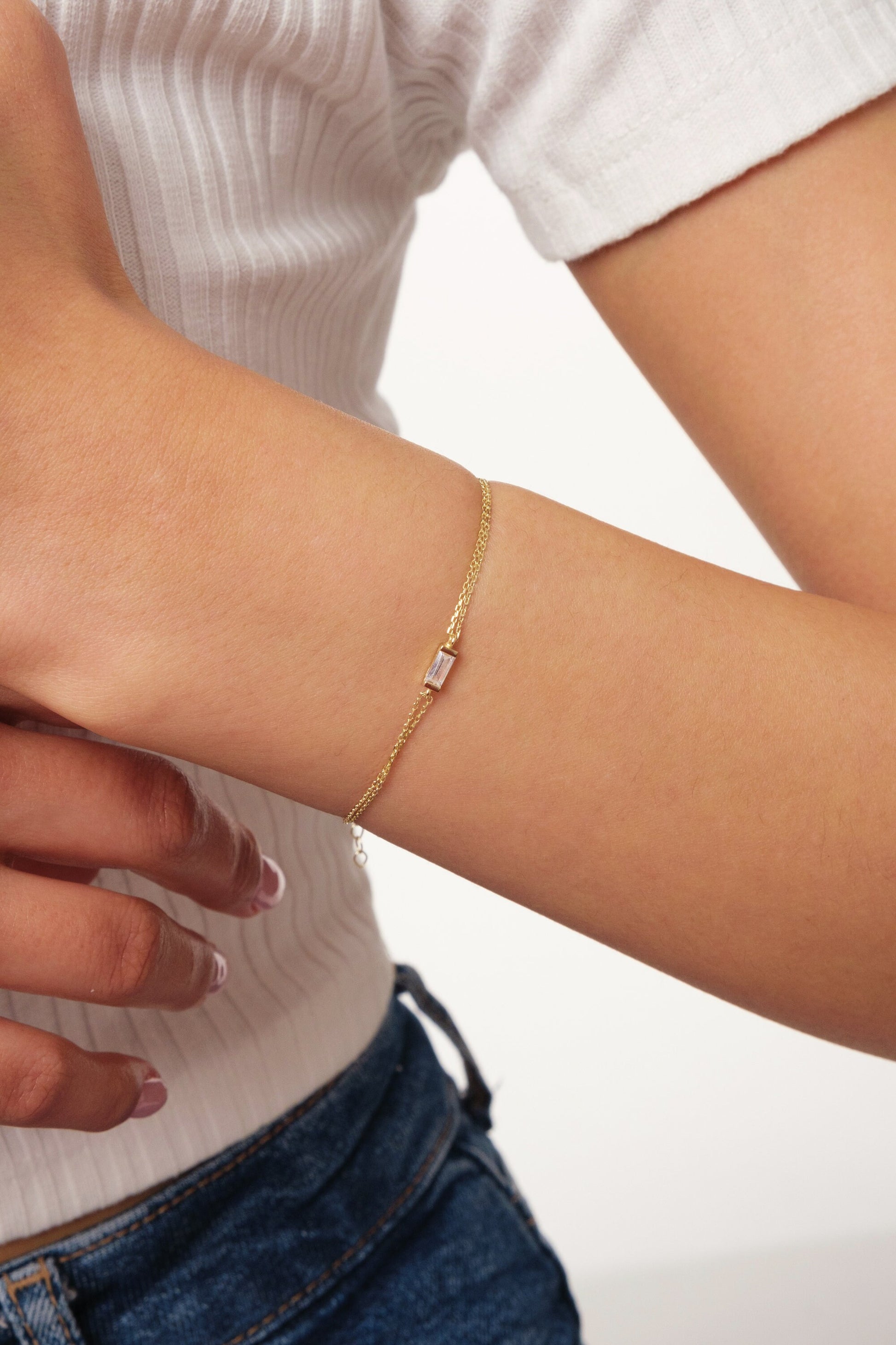 14K Gold Baguette Birthstone Bracelet, Custom Gemstone Bracelet, Personalized Daily Wear Bracelet, Dainty Gold Bracelet, Family Bracelet