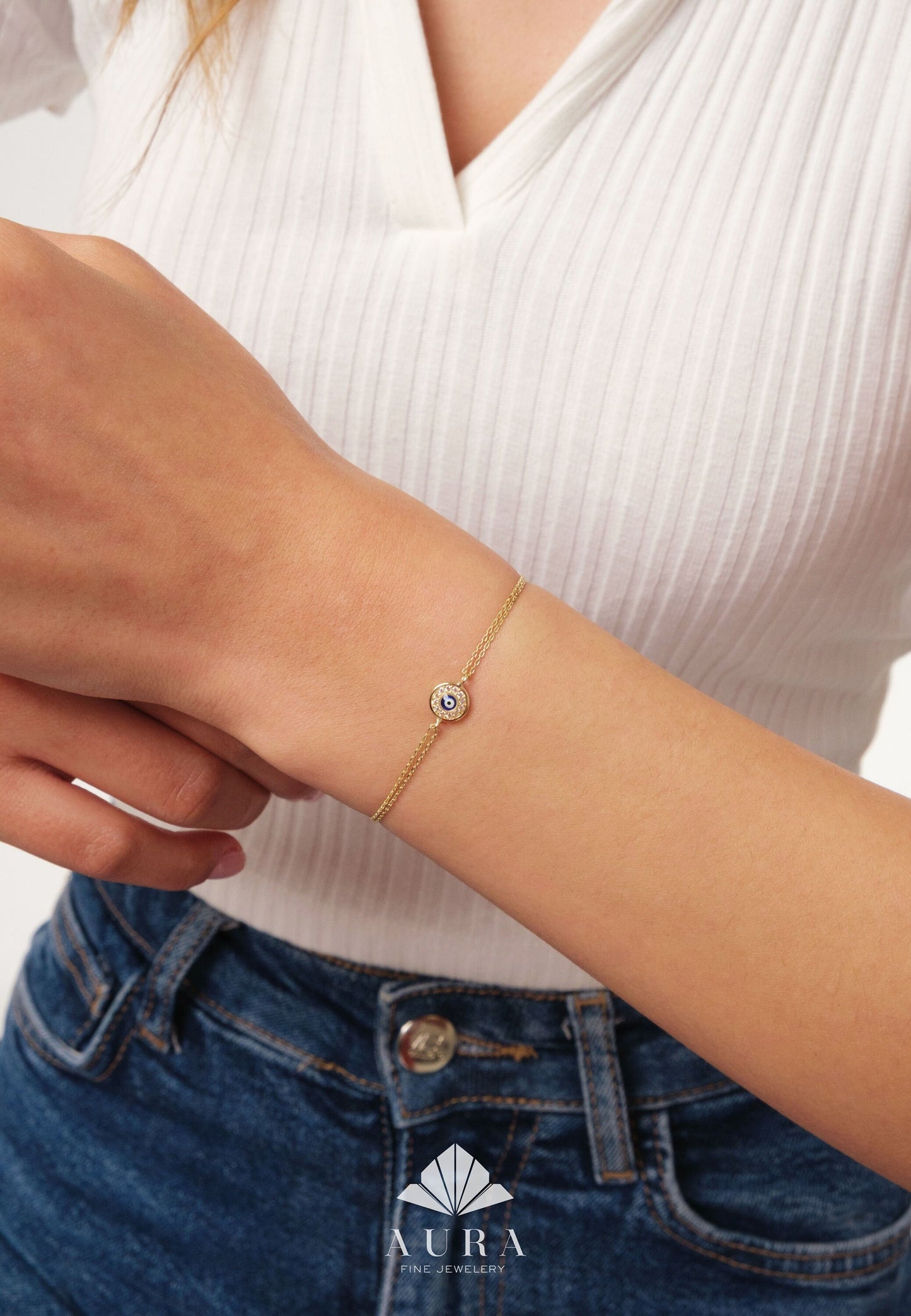 14K Gold Evil Eye Bracelet, Cz Diamond Evil Eye Charm Bracelet, Dainty Evil Eye Bracelet, Minimalist Protection Jewelry, Handmade Evil Eye