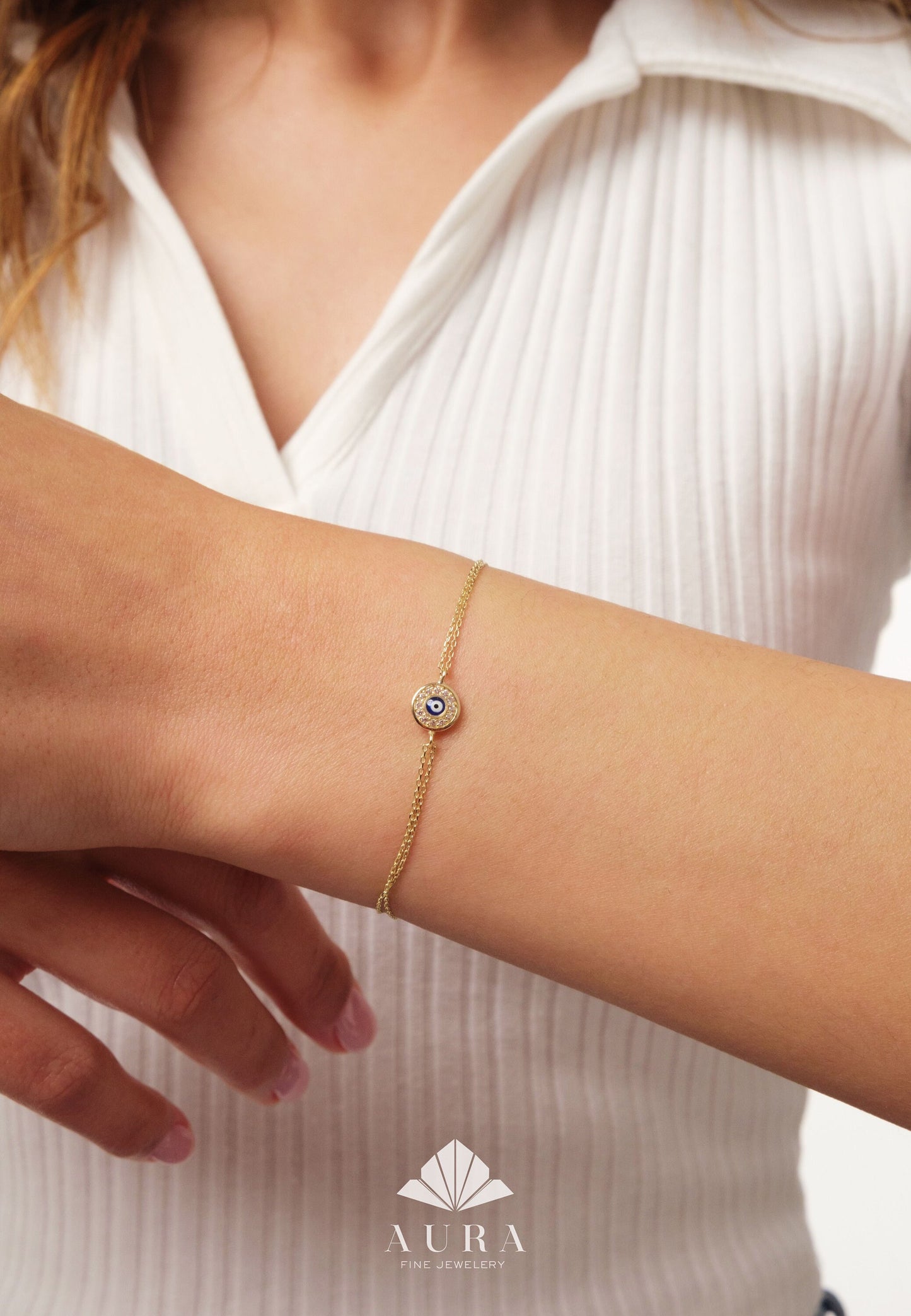 14K Gold Evil Eye Bracelet, Cz Diamond Evil Eye Charm Bracelet, Dainty Evil Eye Bracelet, Minimalist Protection Jewelry, Handmade Evil Eye