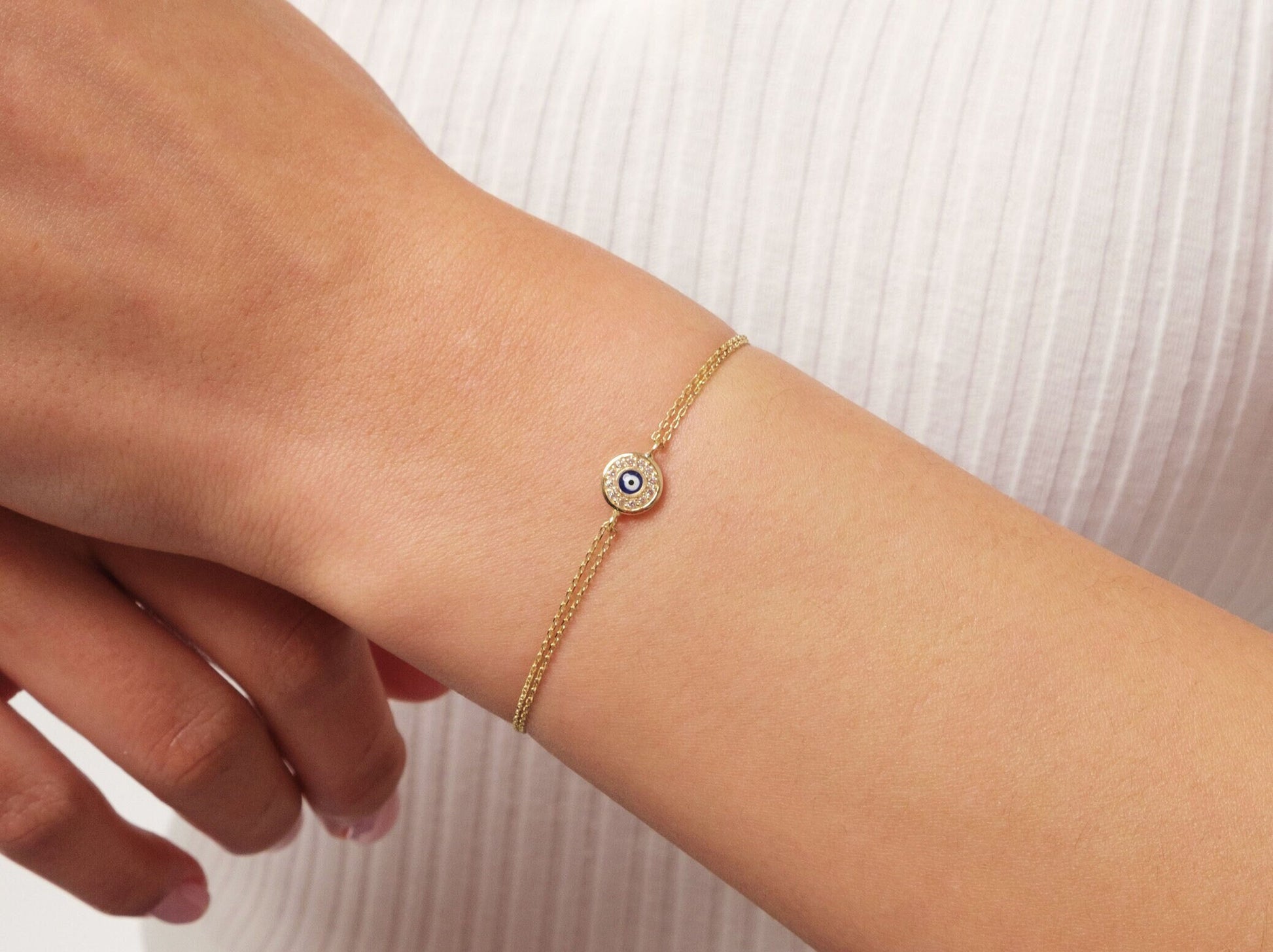 14K Gold Evil Eye Bracelet, Cz Diamond Evil Eye Charm Bracelet, Dainty Evil Eye Bracelet, Minimalist Protection Jewelry, Handmade Evil Eye