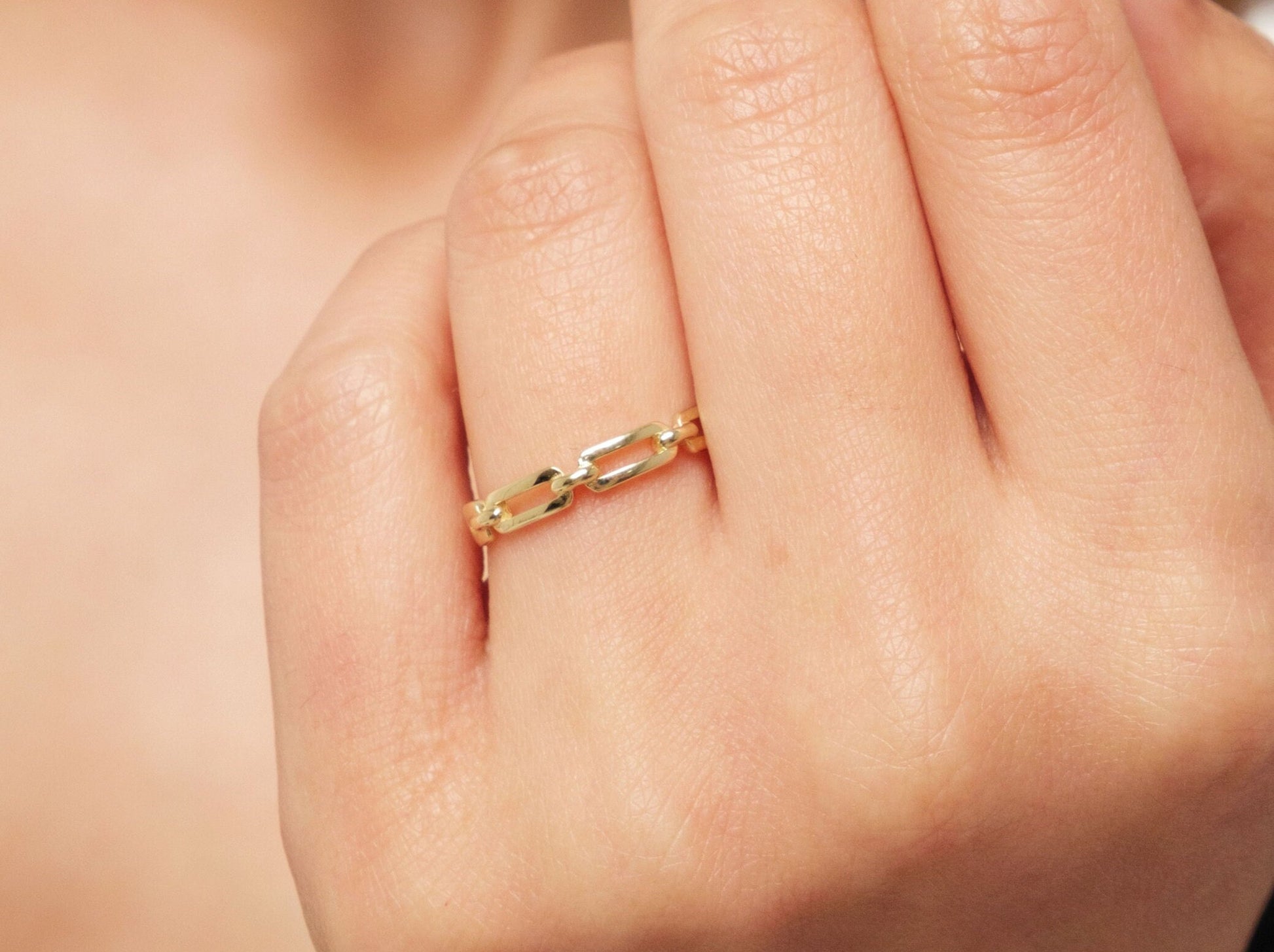 14K Gold Paperclip Chain Ring, Dainty Gold Chain Band, Rectangle Chain Ring, Pointer Finger Ring, Simple Stacking Ring, Open Link Chain Ring