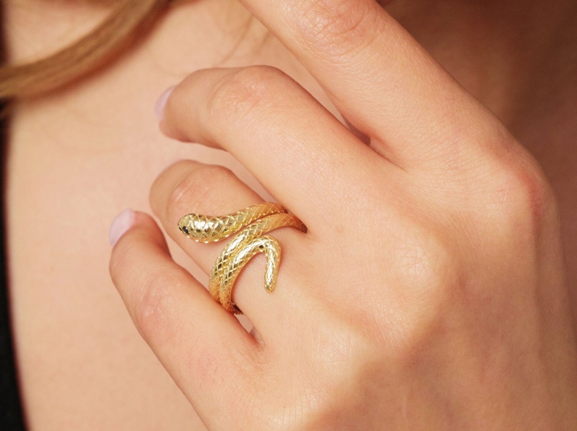 14k Gold Snake Ring, Snake Ring with Emerald Eyes, Statement Ring, Animal Ring, Dainty Serpent Ring, Wrap Around Snake Ring, Gift For Her
