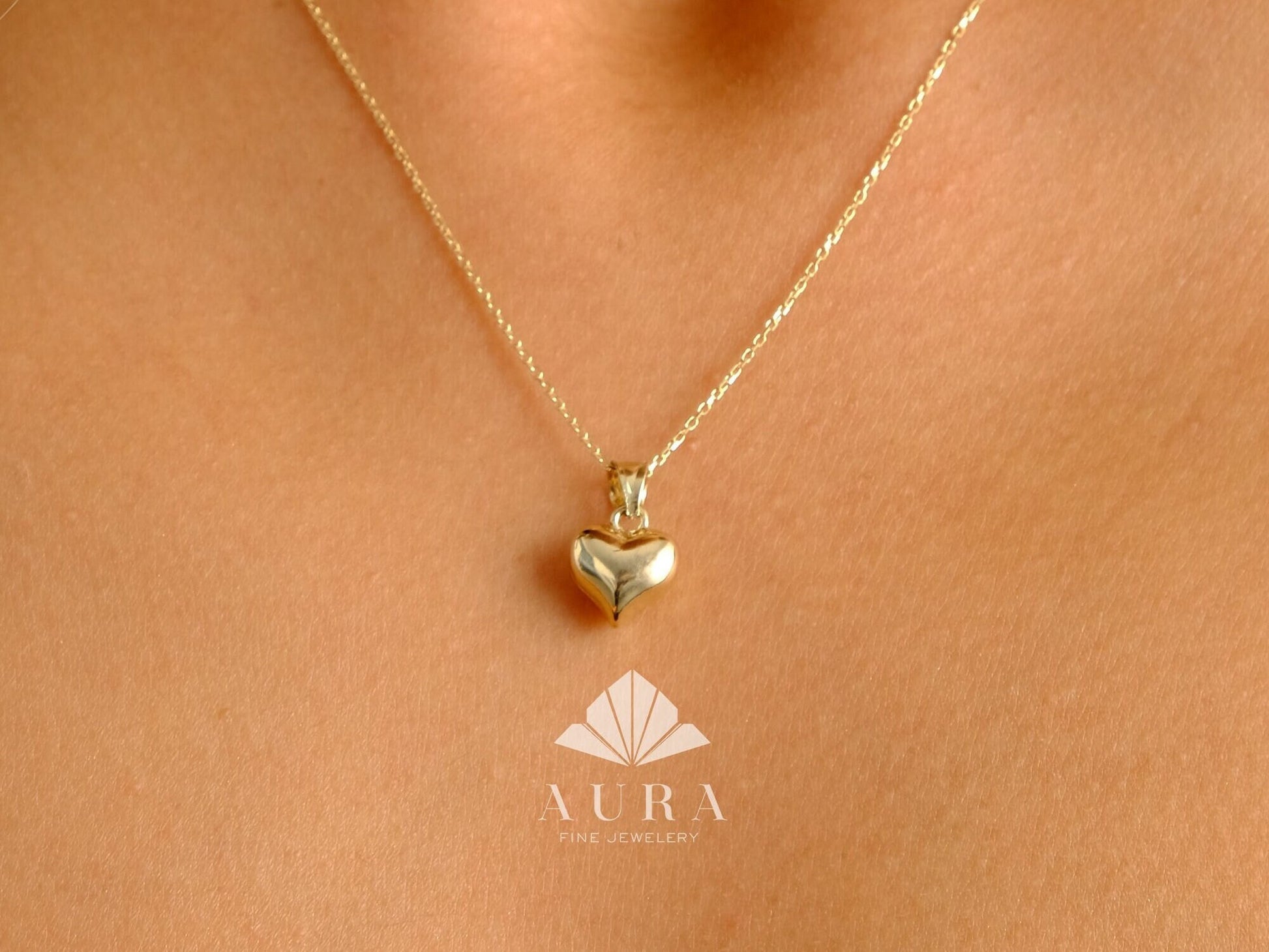 14K Gold Puffed Heart Necklace, 3D Heart Pendant, Gold Love Choker, Mini Heart Charm, Dainty Heart Necklace, Anniversary Gift For Her