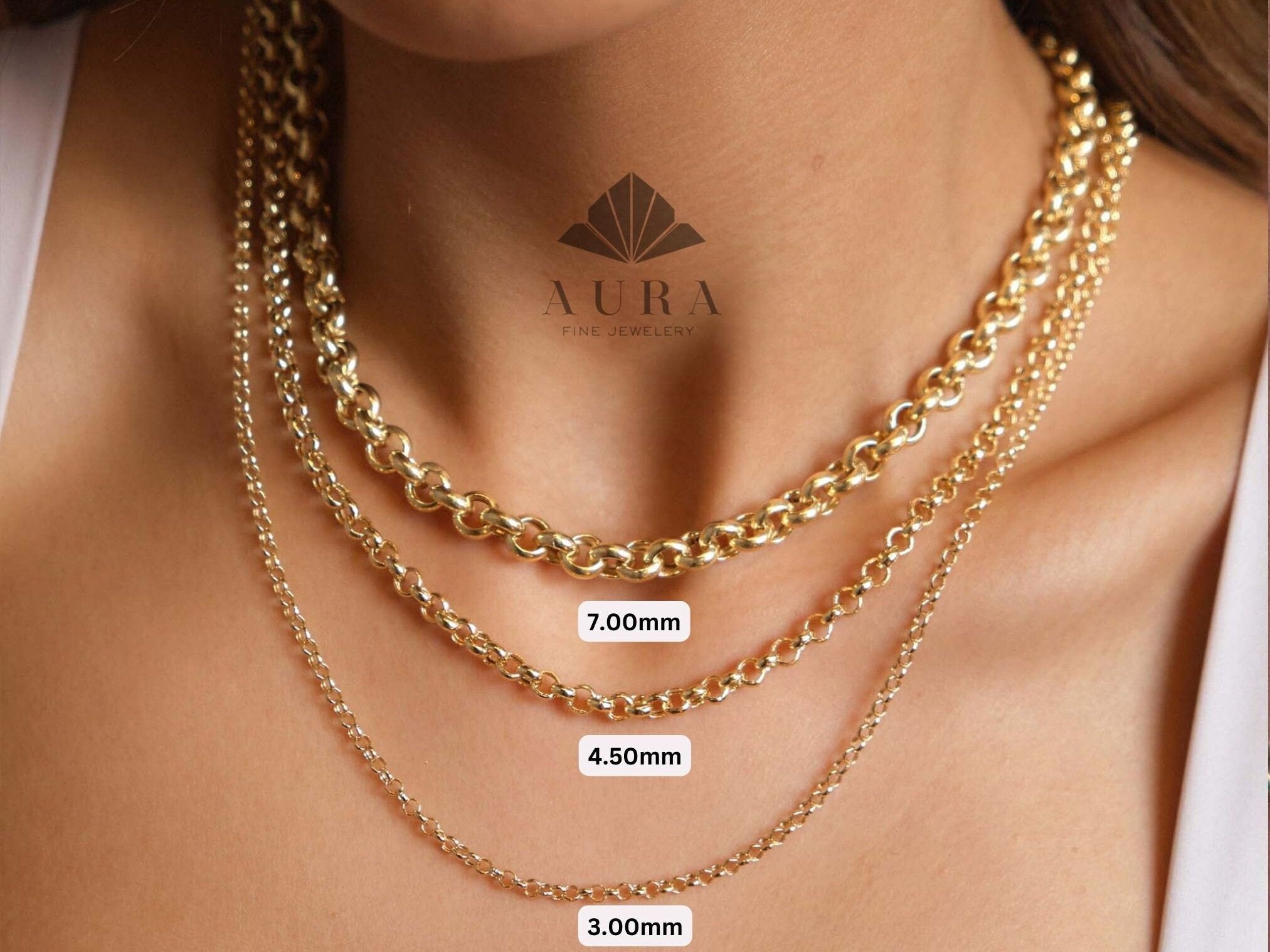 14K Gold Rolo Chain Necklace, 3mm 4mm 5mm Chain Necklace – Aura Fine ...