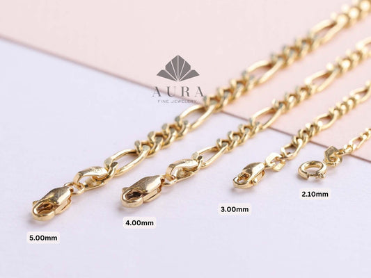 14K Gold Figaro Chain Bracelet, 2mm 3mm 4mm 5mm Figaro Chain Bracelet, Genuine Gold Chain Anklet, Thick Figaro Bracelet, Man Woman Bracelet