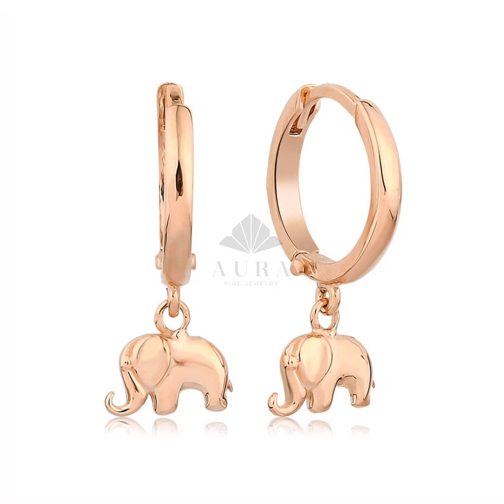 14K Gold Elephant Earrings, Elephant Dangle Earrings, Gold Drop Earrings, Hoop Earrings, Statement Cute Earrings, Minimalist Earrings