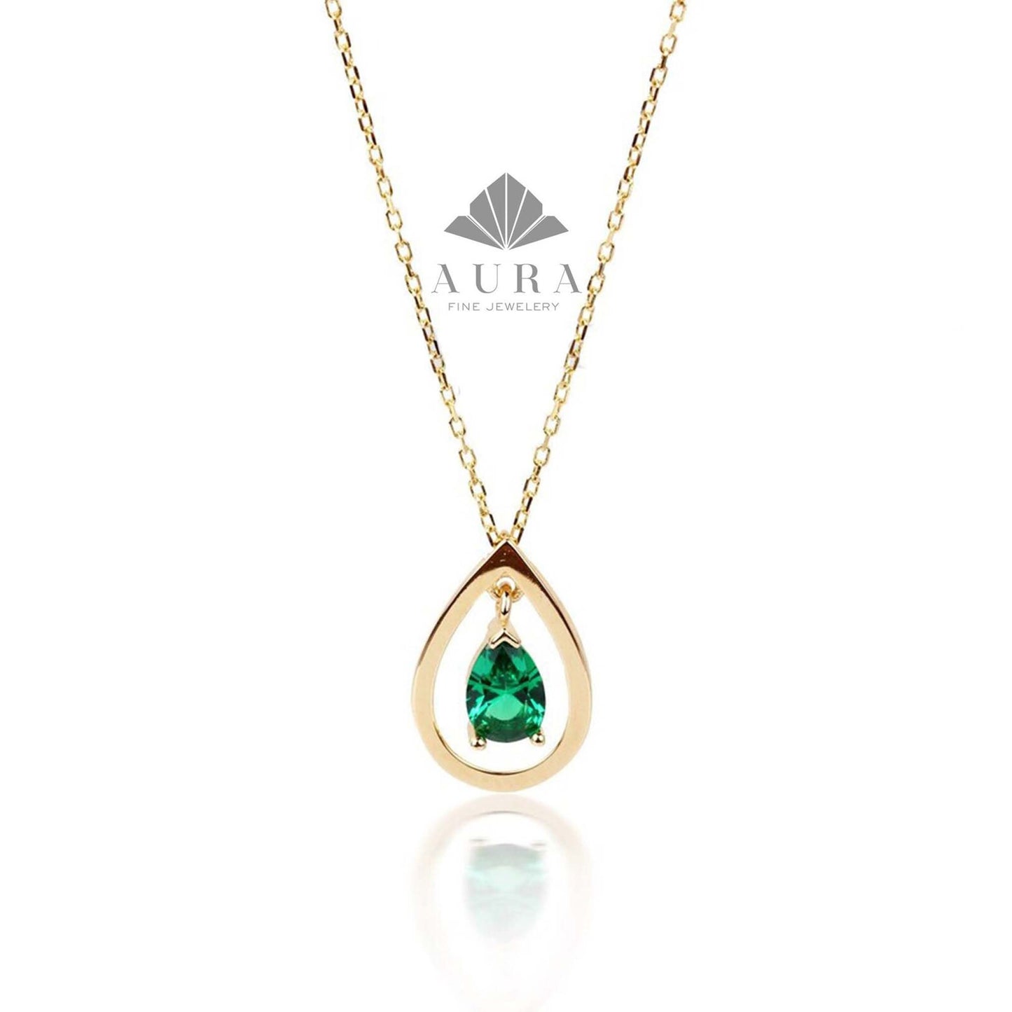 14K Gold Emerald Necklace, Emerald Pendant, Pear Shape Emerald Solitaire Drop Necklace, May Birthstone, Gemstone Jewelry, Gift For Her