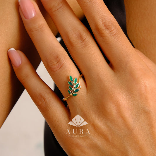 14K Gold Leaf Ring, Olive Leaf Ring, Marquise Green Vine Ring, Botanical Ring, Eternity Wedding Band, Unique Floral Engagement Curve Ring