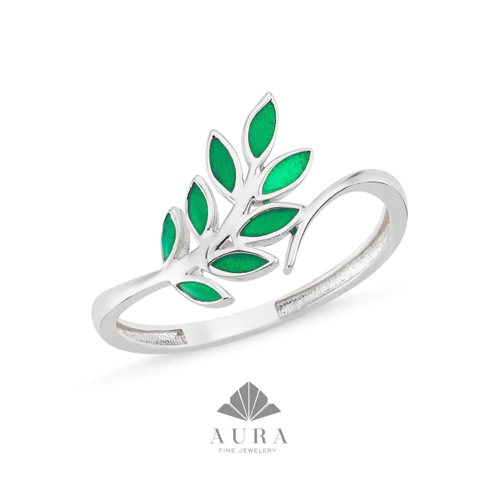 14K Gold Leaf Ring, Green Leaf Branch Ring, Stacking Gold Band, Vine Ring, Laurel Ring, Marquise Botanical Ring, Floral Band Ring