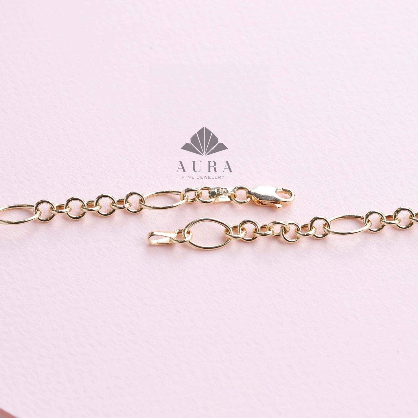 14K Gold O Shape Bracelet, Paperclip Bracelet, Oval Cable Chain Bracelet, Round Layering Chain Links, Figaro Handmade Bracelet
