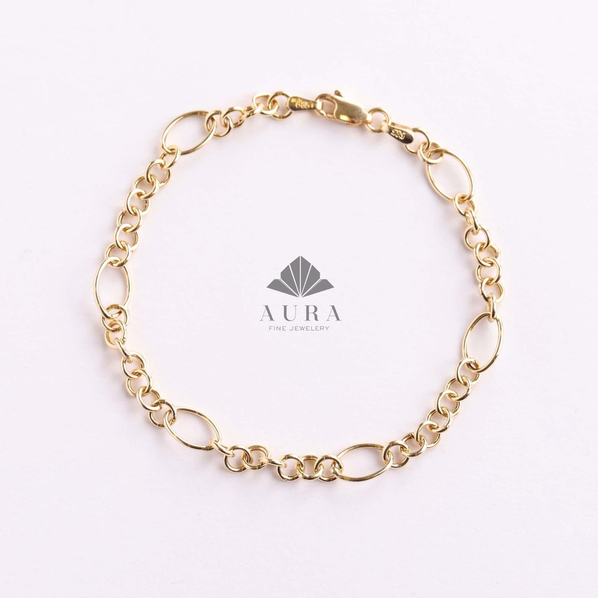 14K Gold O Shape Bracelet, Paperclip Bracelet, Oval Cable Chain Bracelet, Round Layering Chain Links, Figaro Handmade Bracelet