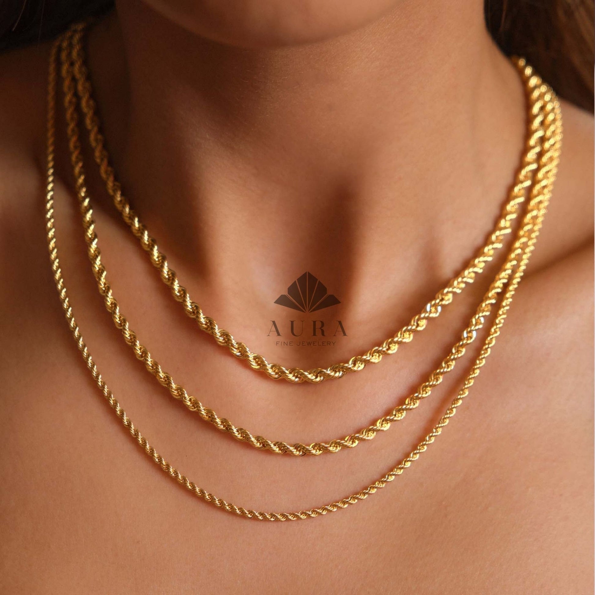 14K Gold Rope Chain Necklace 2mm,3mm