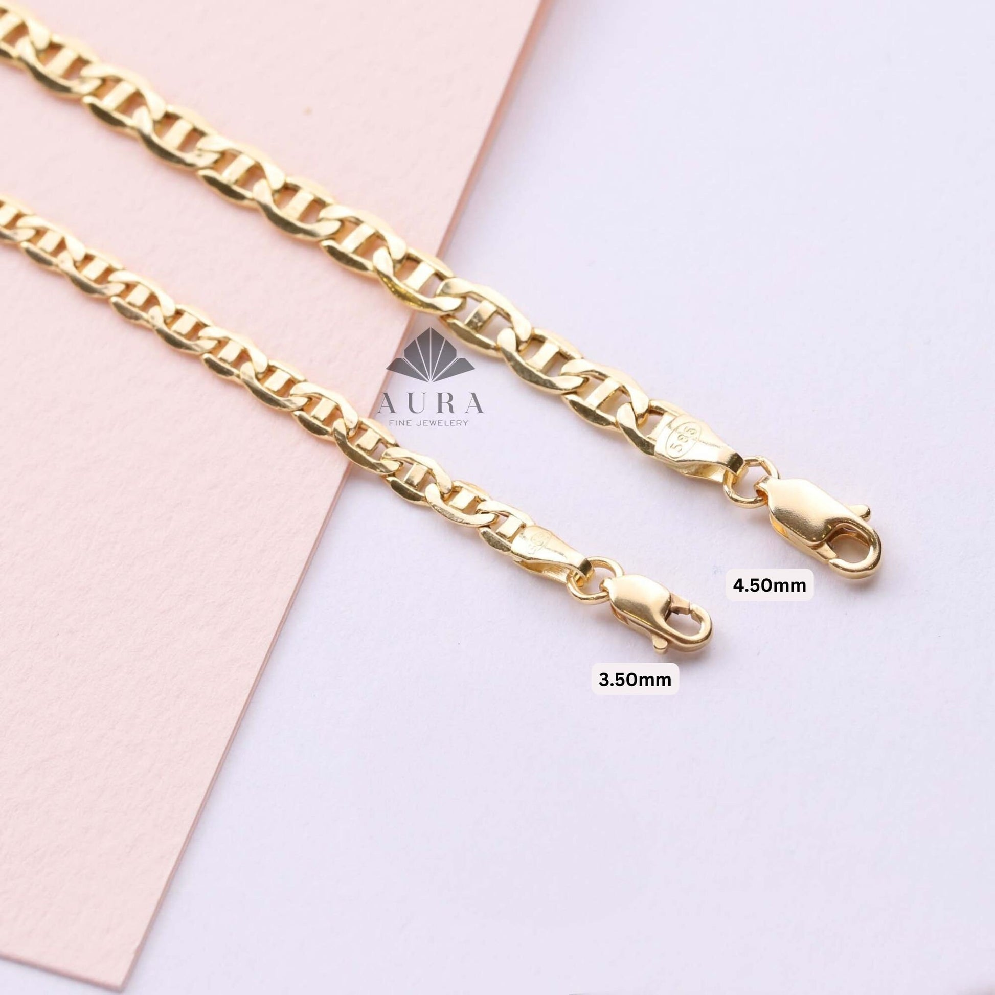 14K Gold Mariner Necklace, 3mm 4mm Mariner Chain Necklace, Flat Anchor Necklace, Real Gold Necklace, Men Women Necklace, Christmas Gift